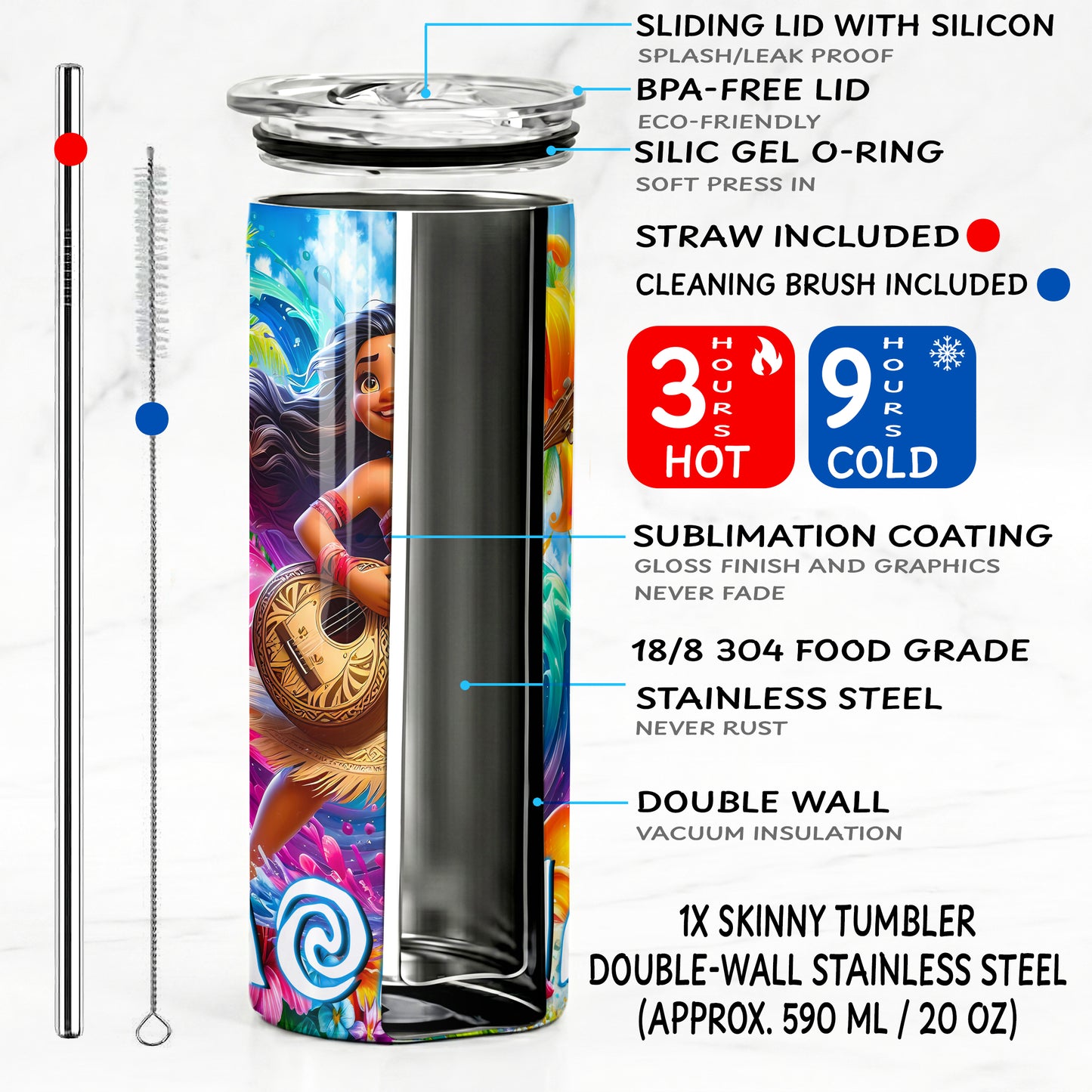 Moana Musical Tropical Ocean Skinny Tumbler - Custom Name (20oz) | Insulated Stainless Steel Travel Cup
