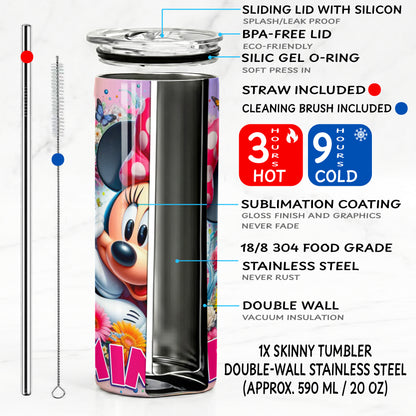 Minnie Mouse Floral Butterfly Skinny Tumbler - Custom Name (20oz) | Insulated Stainless Steel Travel Cup