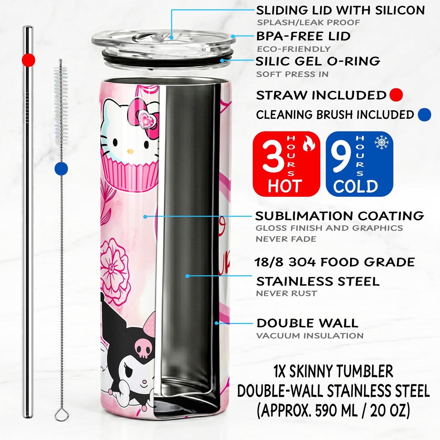 Hello Kitty & Kuromi Besties Skinny Tumbler - Custom Name (20oz) | Insulated Stainless Steel Travel Cup