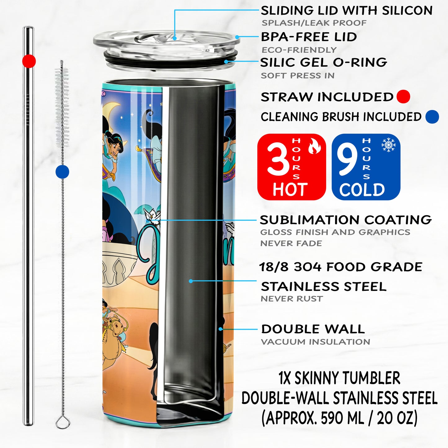Princess Jasmine Magic Carpet Skinny Tumbler - Custom Name (20oz) | Insulated Stainless Steel Travel Cup