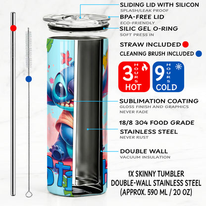 Stitch Pink Flower Skinny Tumbler - Custom Name (20oz) | Insulated Stainless Steel Travel Cup