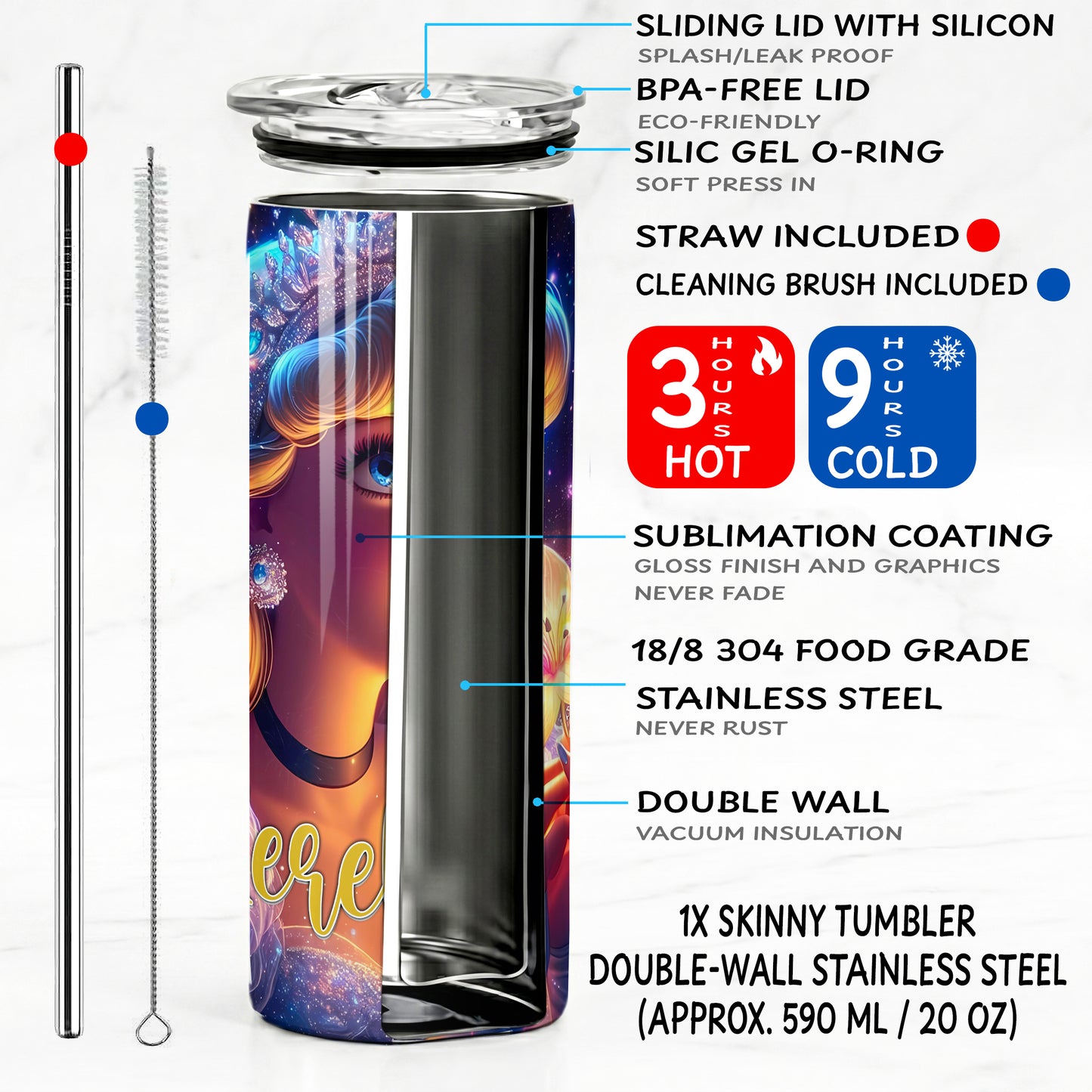 Princess Cinderella Magical Starry Skinny Tumbler - Custom Name (20oz) | Insulated Stainless Steel Travel Cup