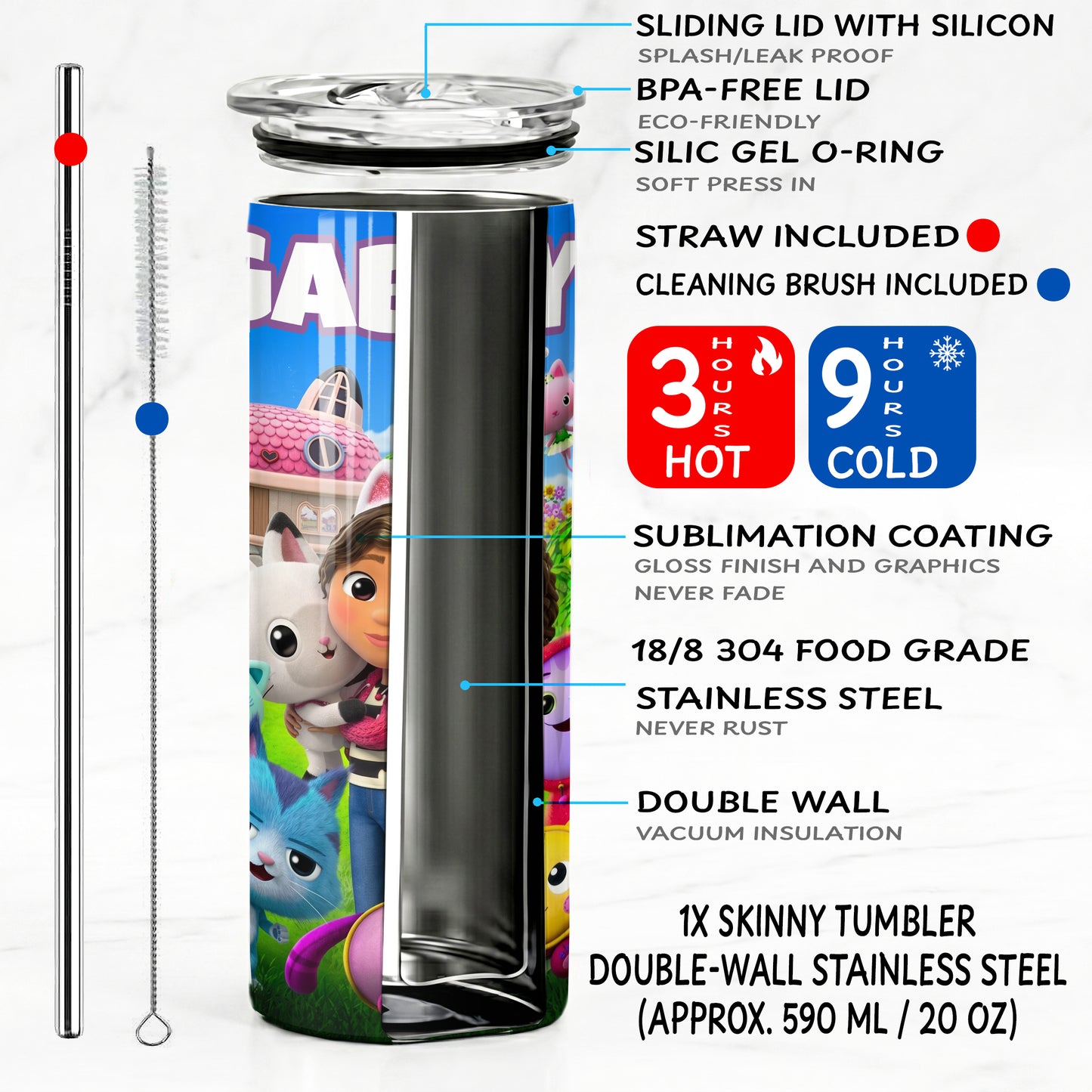 Gabby's Dollhouse Friends Skinny Tumbler - Custom Name (20oz) | Insulated Stainless Steel Travel Cup