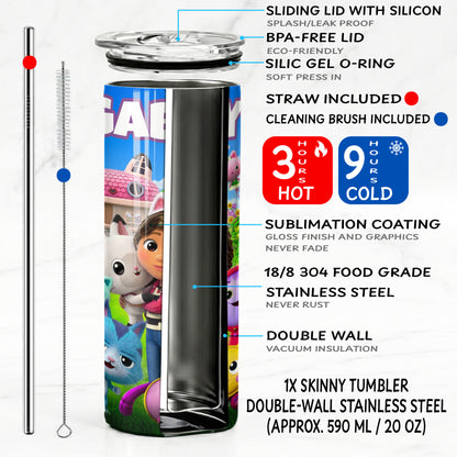 Gabby's Dollhouse Friends Skinny Tumbler - Custom Name (20oz) | Insulated Stainless Steel Travel Cup