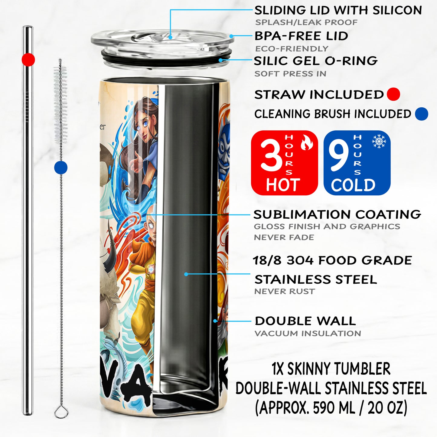Avatar The Last Airbender Skinny Tumbler - Custom Name (20oz) | Insulated Stainless Steel Travel Cup