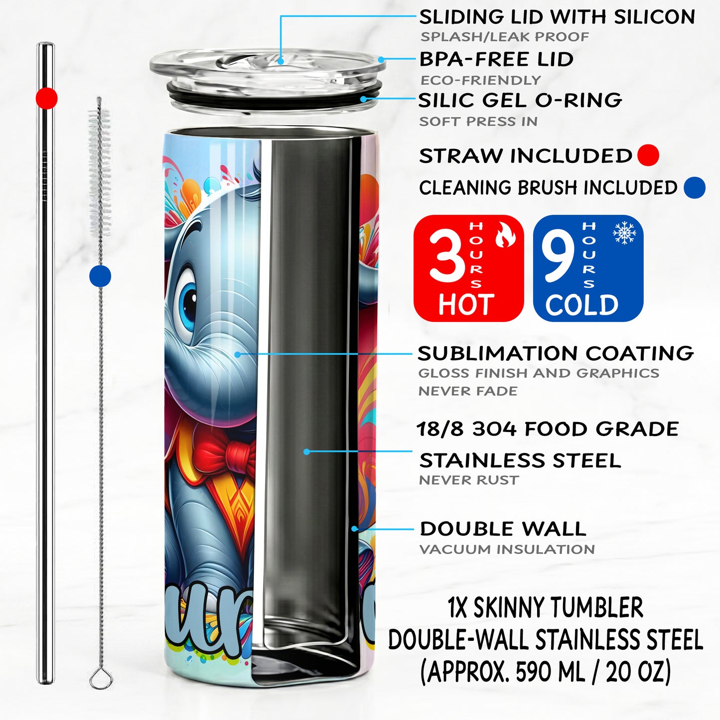 Dumbo Colorful Paint Splash Skinny Tumbler - Custom Name (20oz) | Insulated Stainless Steel Travel Cup