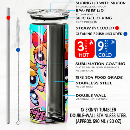 Powerpuff Girls Action Skinny Tumbler - Custom Name (20oz) | Insulated Stainless Steel Travel Cup