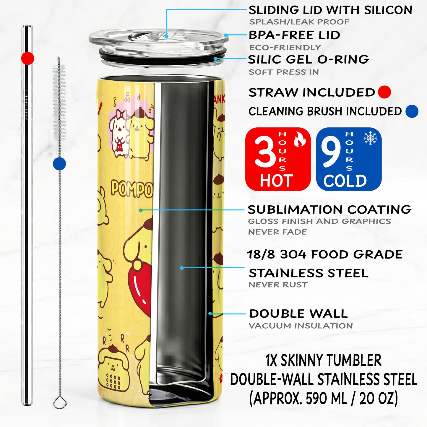 Pompompurin Yellow Heart Skinny Tumbler - Custom Name (20oz) | Insulated Stainless Steel Travel Cup