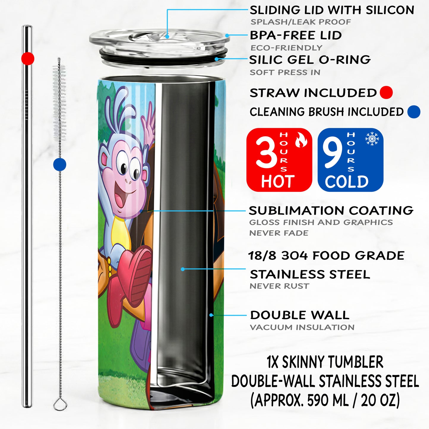 Dora & Boots Adventure Skinny Tumbler - Custom Name (20oz) | Insulated Stainless Steel Travel Cup