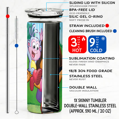 Dora & Boots Adventure Skinny Tumbler - Custom Name (20oz) | Insulated Stainless Steel Travel Cup