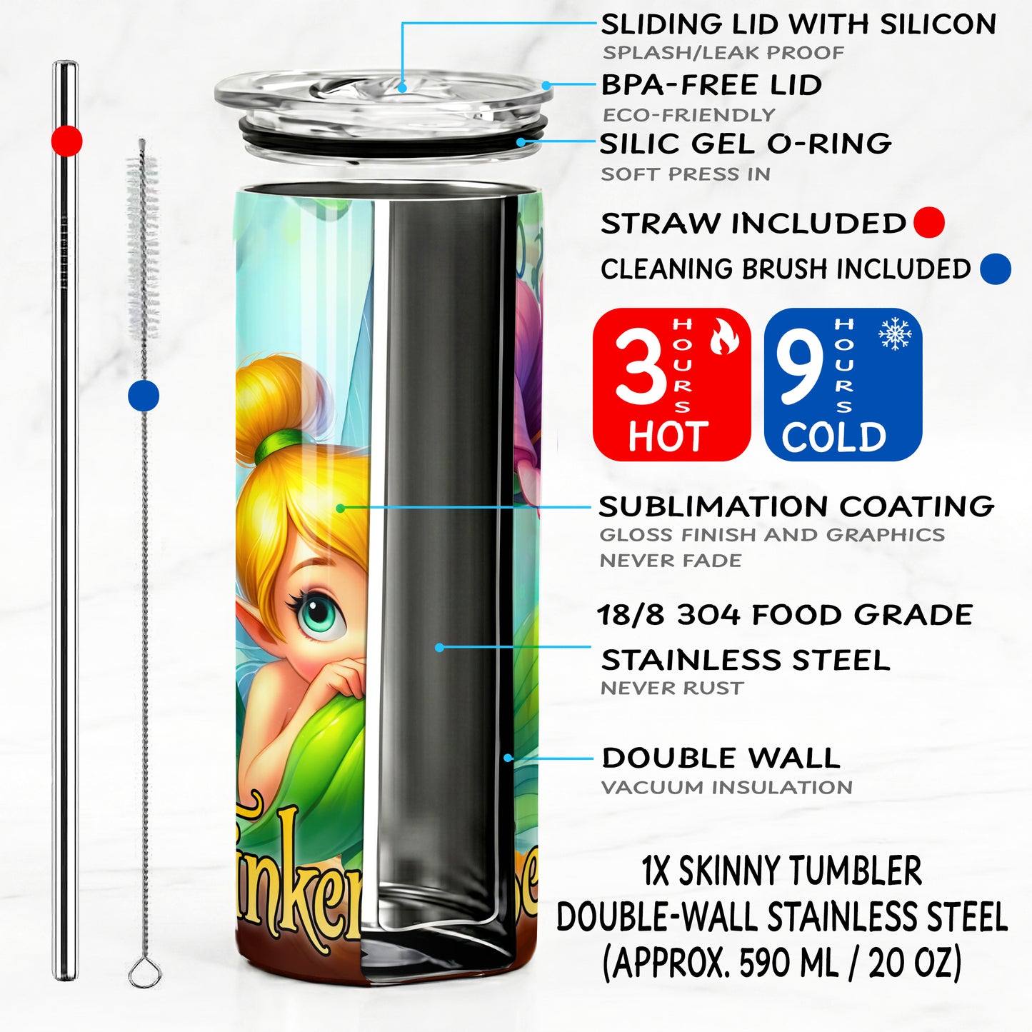 Tinker Bell Magical Fairy Forest Skinny Tumbler - Custom Name (20oz) | Insulated Stainless Steel Travel Cup