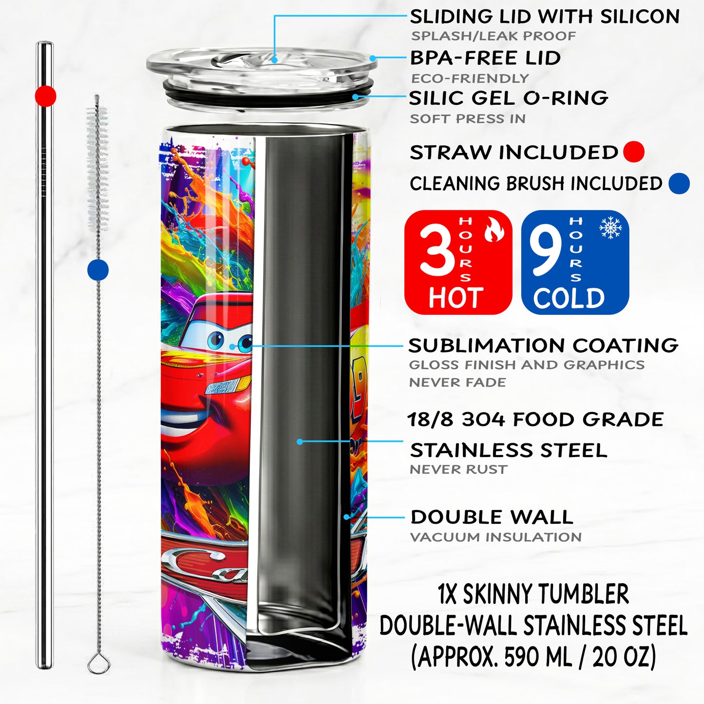 Lightning McQueen Cars Color Splash Skinny Tumbler - Custom Name (20oz) | Insulated Stainless Steel Travel Cup