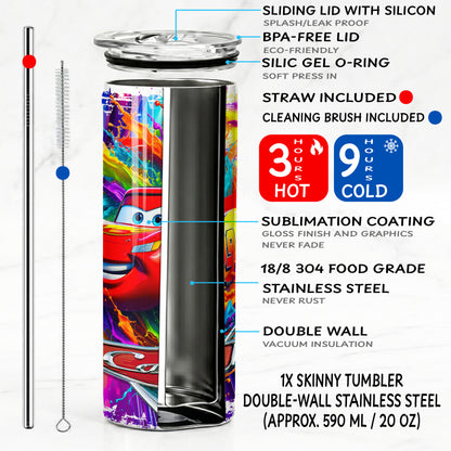 Lightning McQueen Cars Color Splash Skinny Tumbler - Custom Name (20oz) | Insulated Stainless Steel Travel Cup