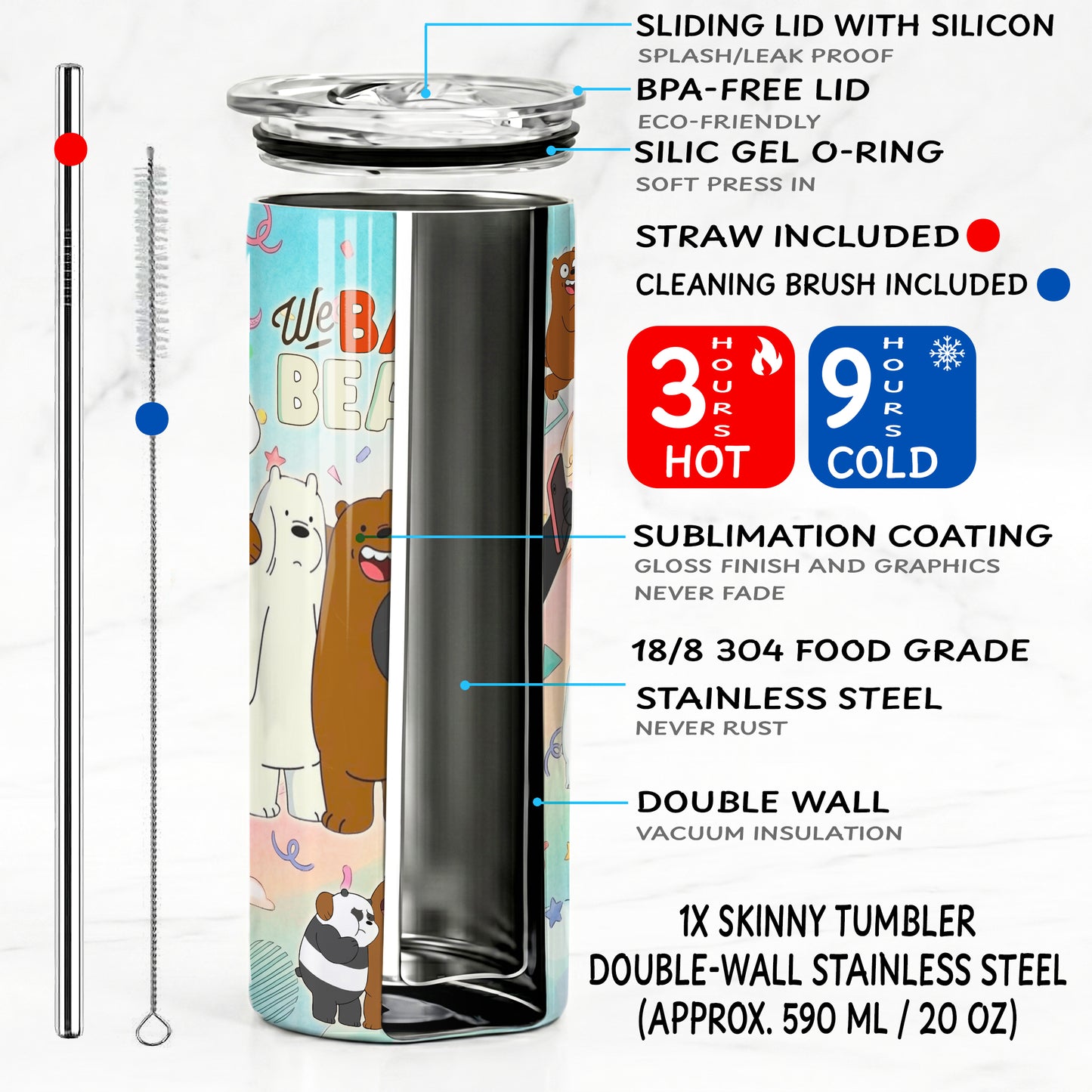 We Bare Bears Pastel Collage Skinny Tumbler 02 - Custom Name (20oz) | Insulated Stainless Steel Travel Cup (Copy)
