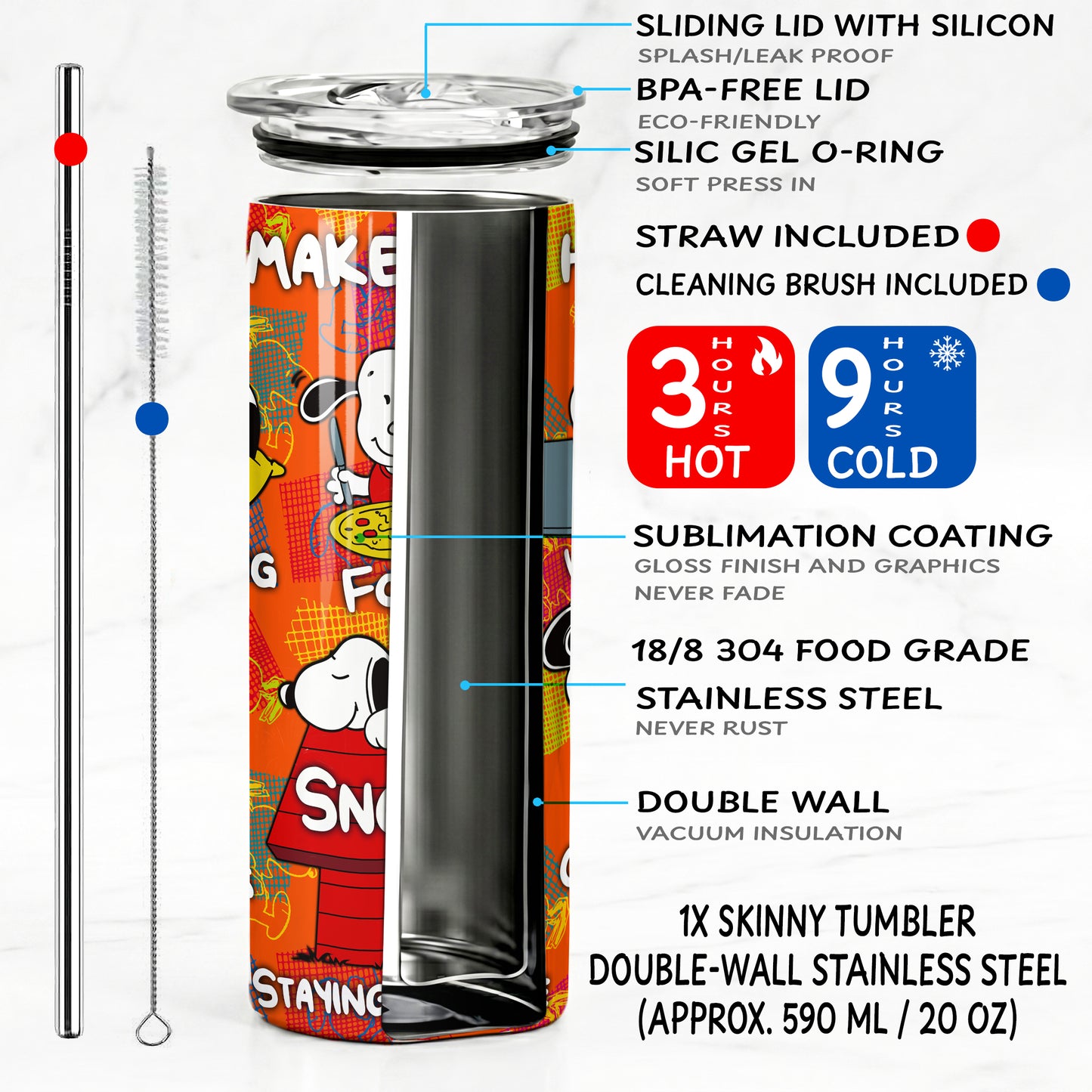 Snoopy What Makes Me Happy Skinny Tumbler - Custom Name (20oz) | Insulated Stainless Steel Travel Cup