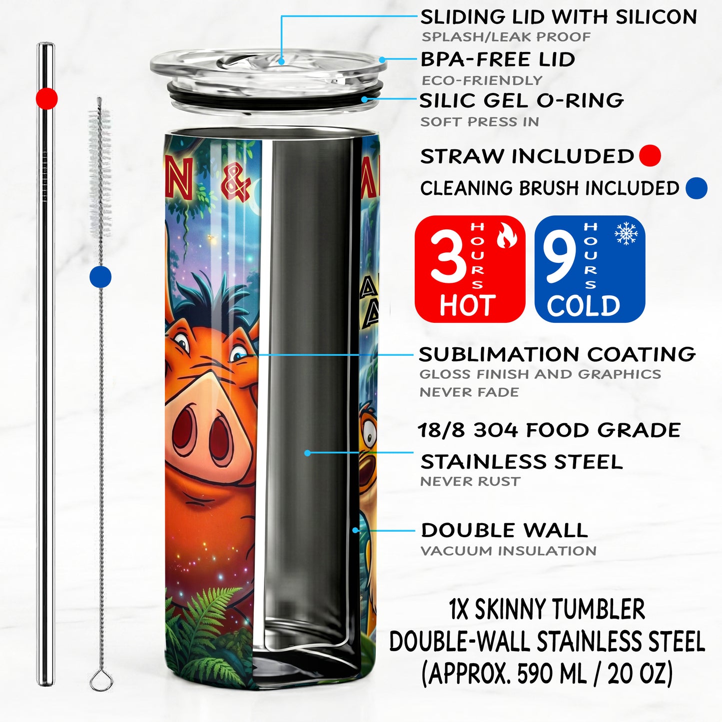 Timon & Pumbaa Hakuna Matata Skinny Tumbler - Custom Name (20oz) | Insulated Stainless Steel Travel Cup