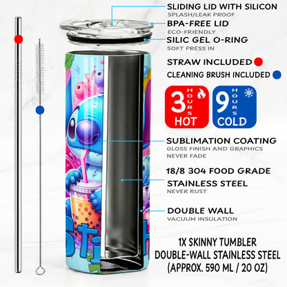 Stitch Boba Tea Splash Skinny Tumbler - Custom Name (20oz) | Insulated Stainless Steel Travel Cup