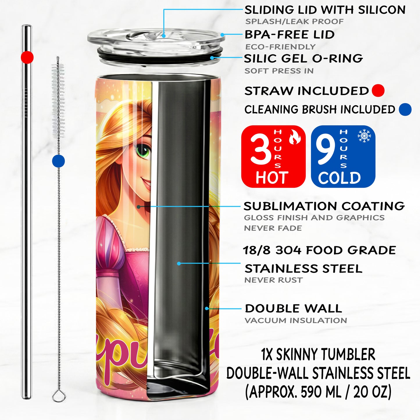Princess Rapunzel Magical Hair Skinny Tumbler - Custom Name (20oz) | Insulated Stainless Steel Travel Cup