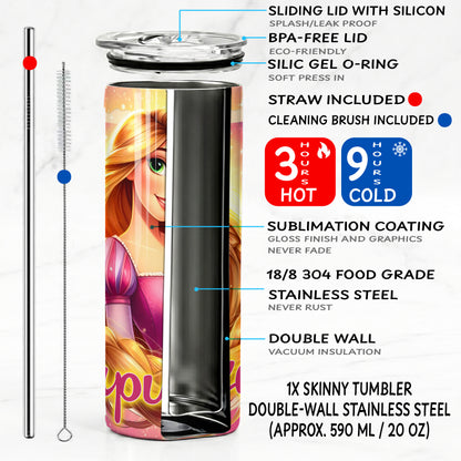 Princess Rapunzel Magical Hair Skinny Tumbler - Custom Name (20oz) | Insulated Stainless Steel Travel Cup
