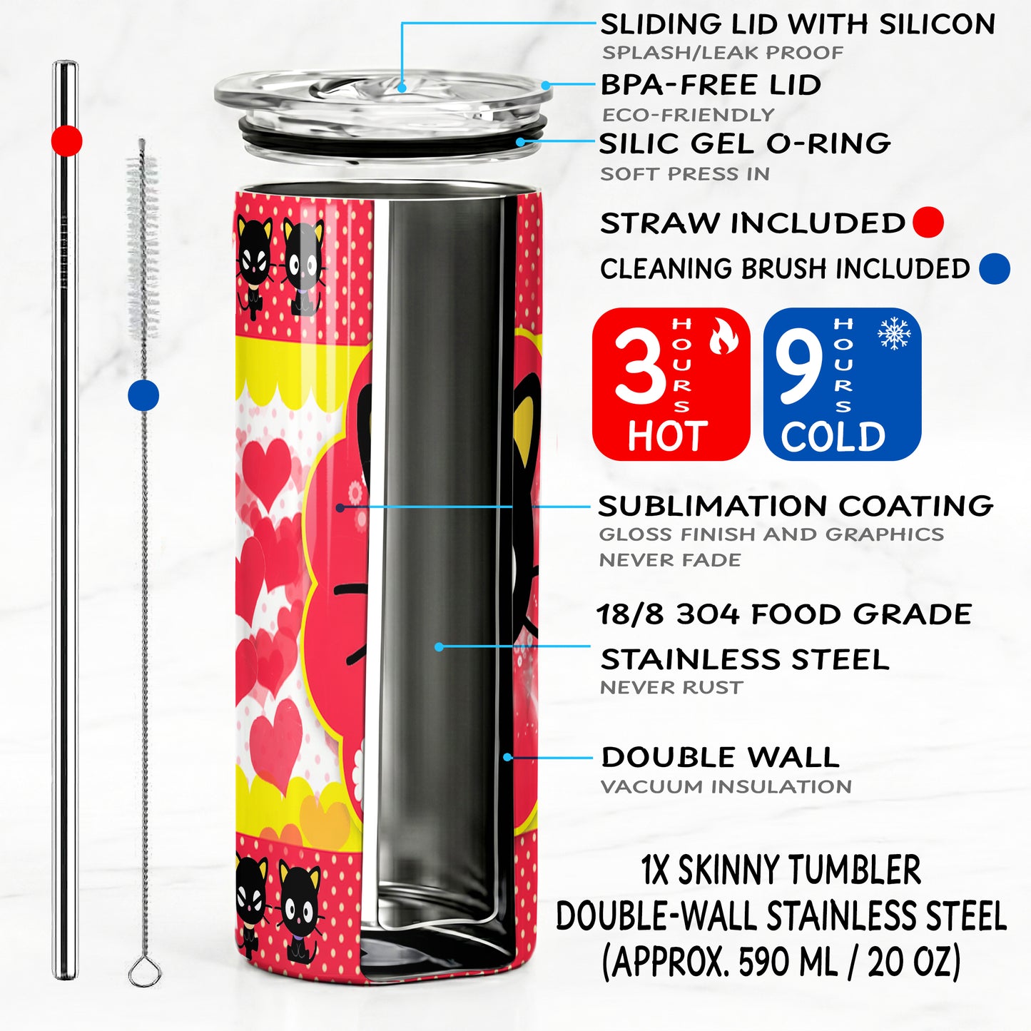 Chococat Red Hearts Skinny Tumbler - Custom Name (20oz) | Insulated Stainless Steel Travel Cup