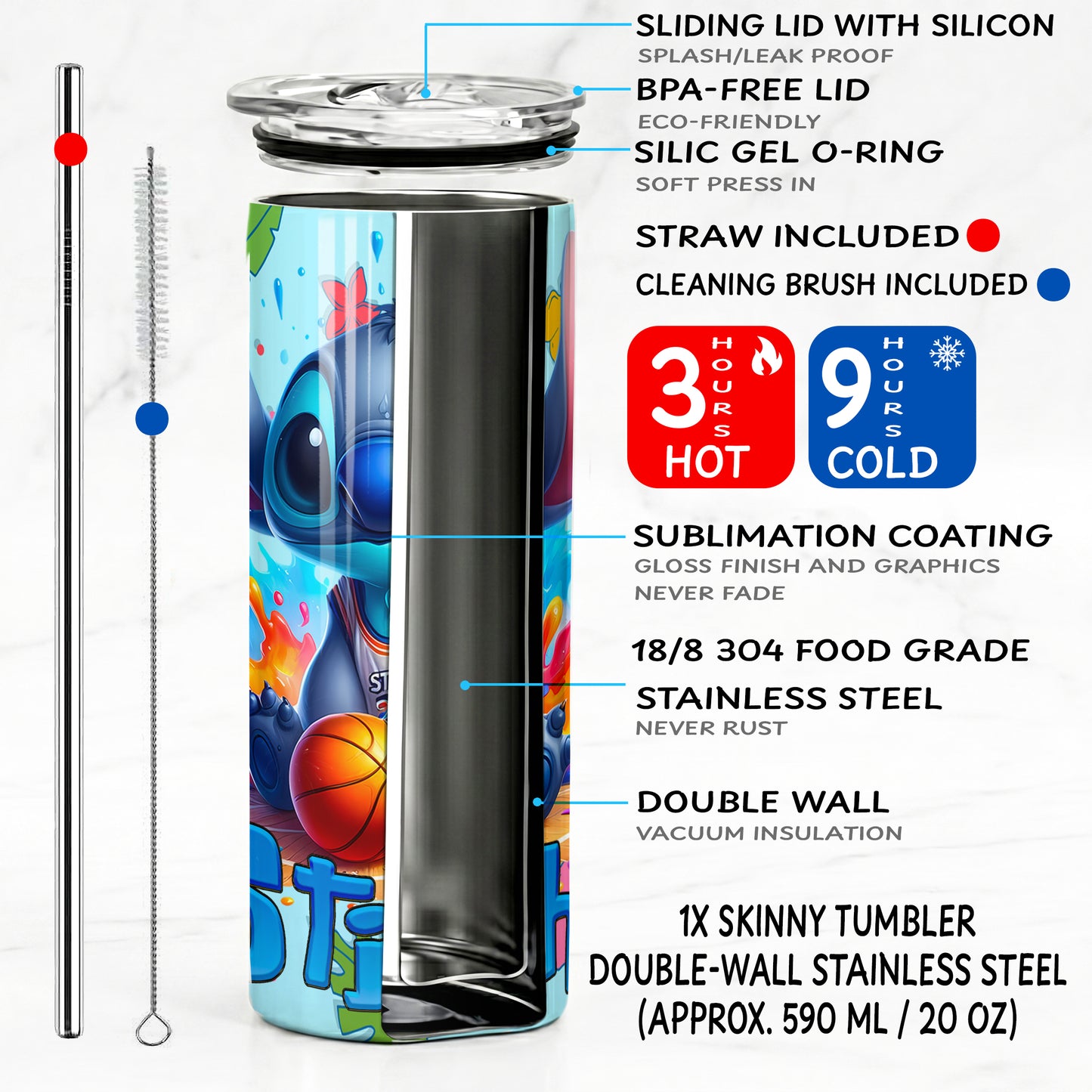 Stitch Basketball Splash Skinny Tumbler - Custom Name (20oz) | Insulated Stainless Steel Travel Cup