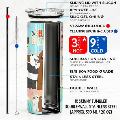 We Bare Bears Pastel Collage Skinny Tumbler - Custom Name (20oz) | Insulated Stainless Steel Travel Cup