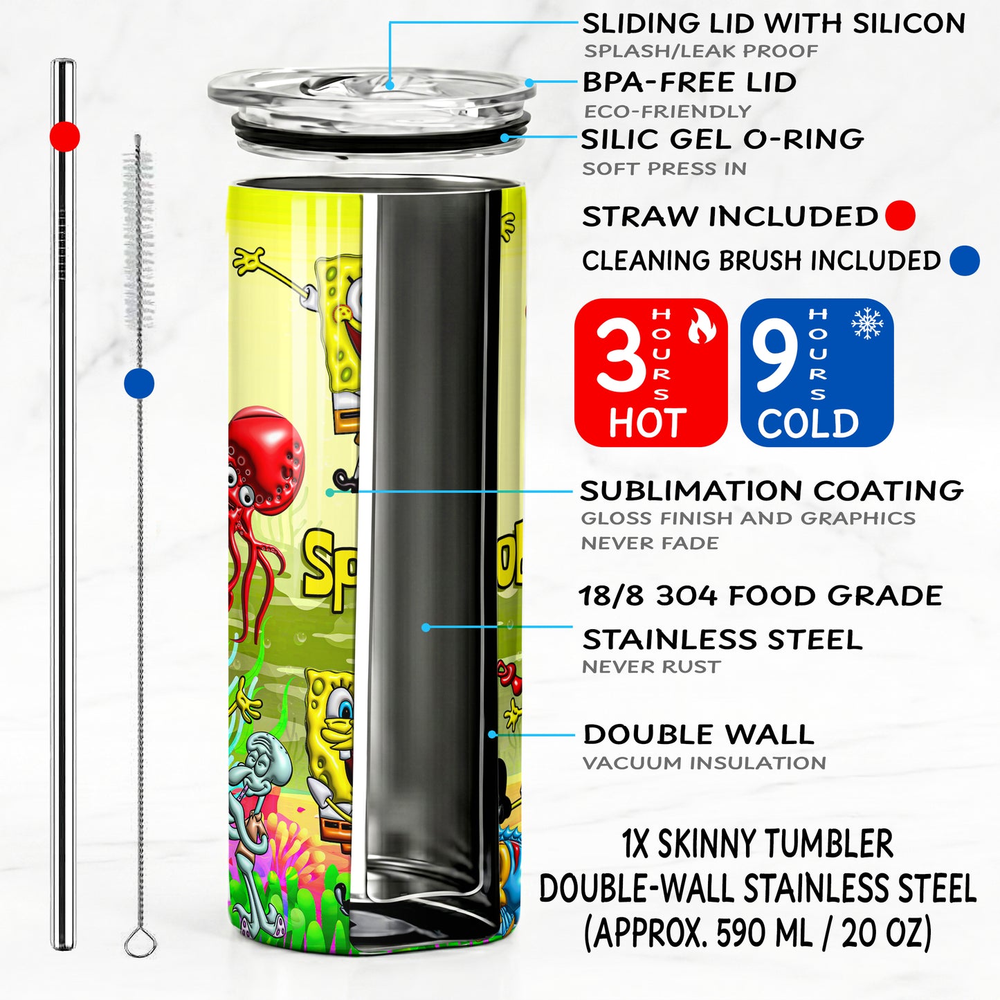 SpongeBob Bikini Bottom Friends Skinny Tumbler - Custom Name (20oz) | Insulated Stainless Steel Travel Cup