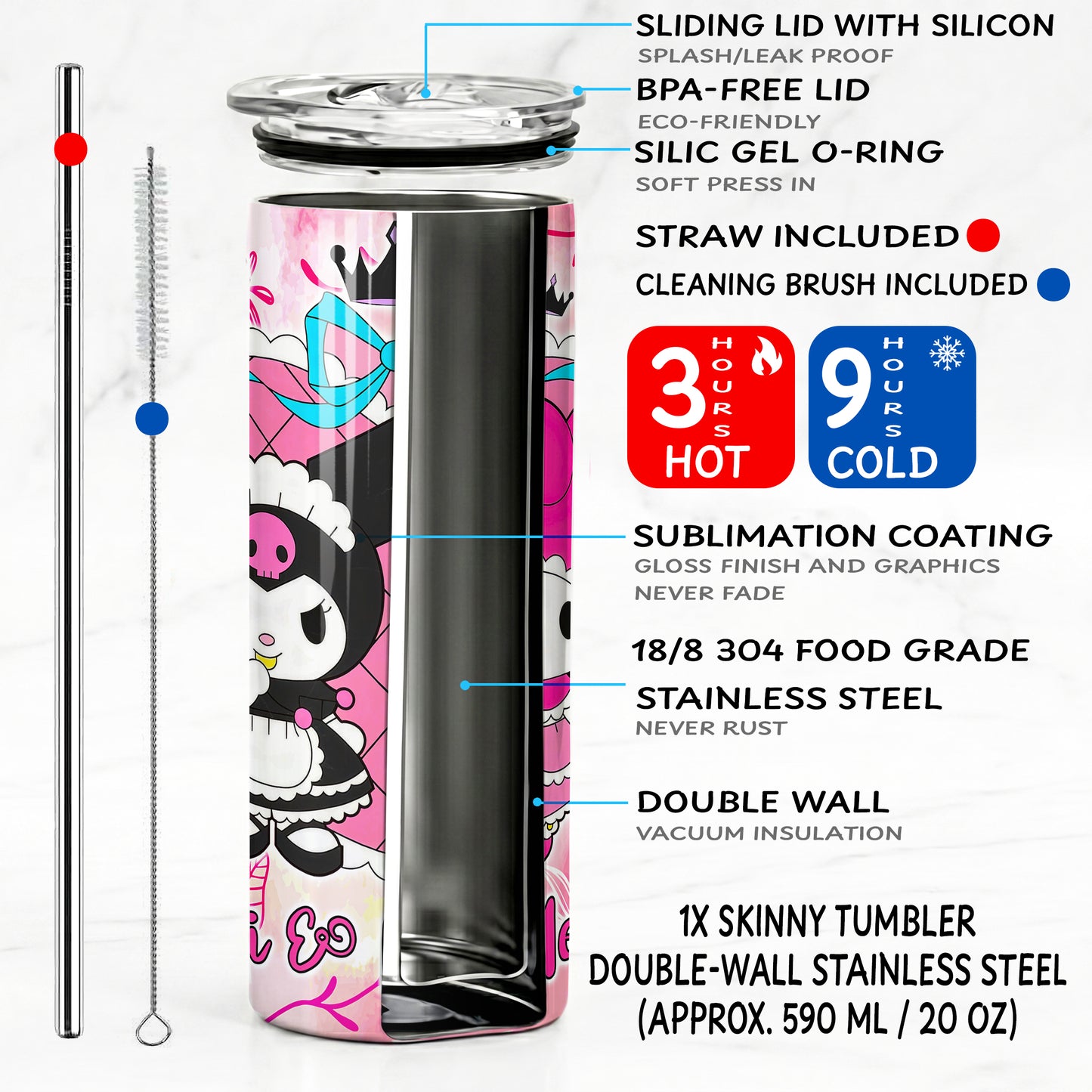 Kuromi & My Melody Maid Cafe Skinny Tumbler - Custom Name (20oz) | Insulated Stainless Steel Travel Cup