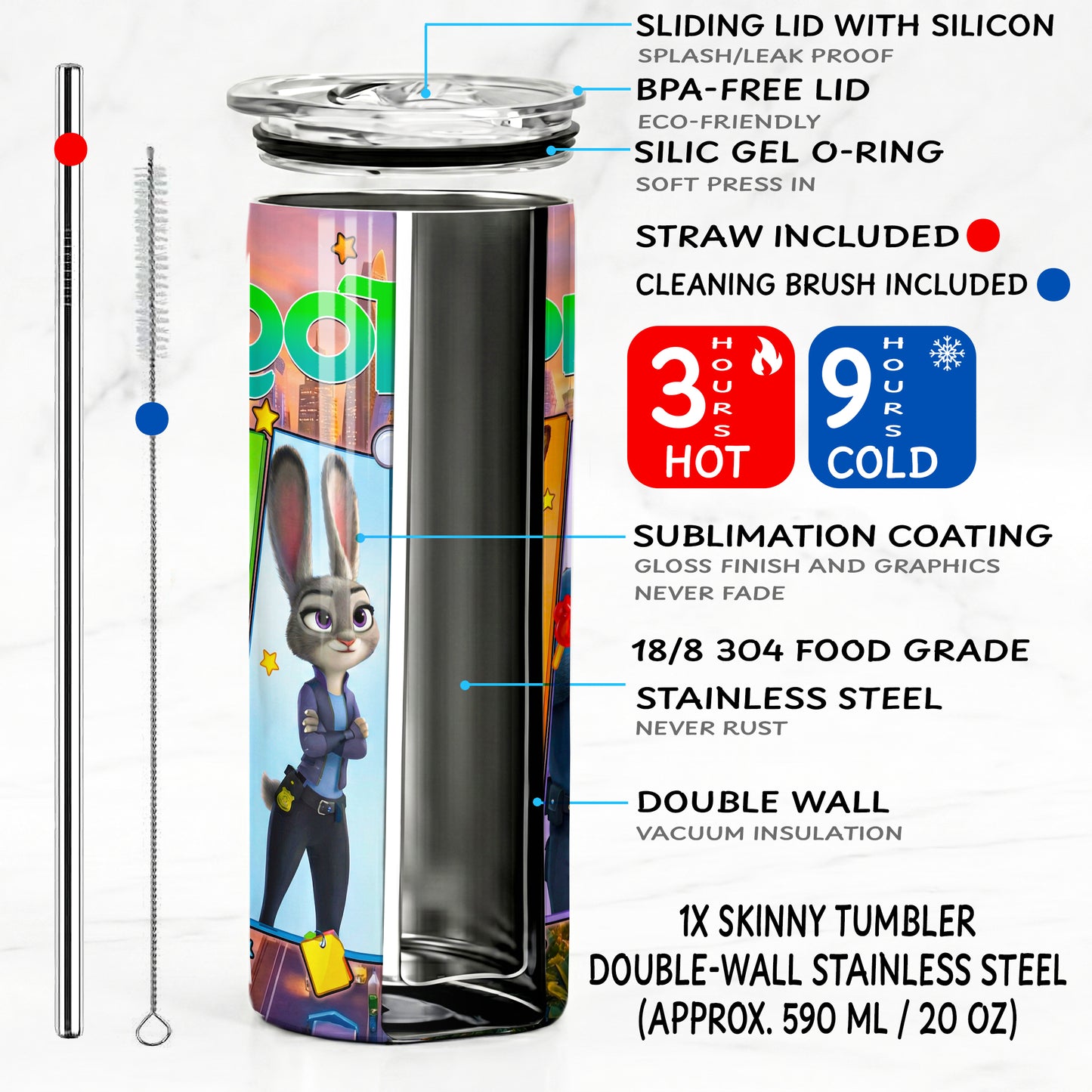 Zootopia City Skyline Panels Skinny Tumbler - Custom Name (20oz) | Insulated Stainless Steel Travel Cup