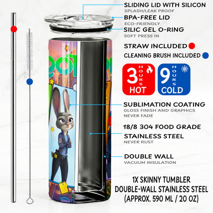 Zootopia City Skyline Panels Skinny Tumbler - Custom Name (20oz) | Insulated Stainless Steel Travel Cup