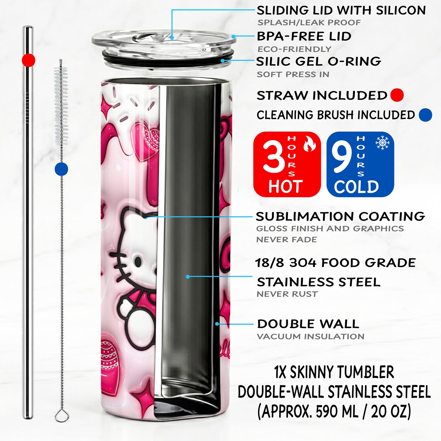 Hello Kitty Pink Drip Skinny Tumbler - Custom Name (20oz) | Insulated Stainless Steel Travel Cup