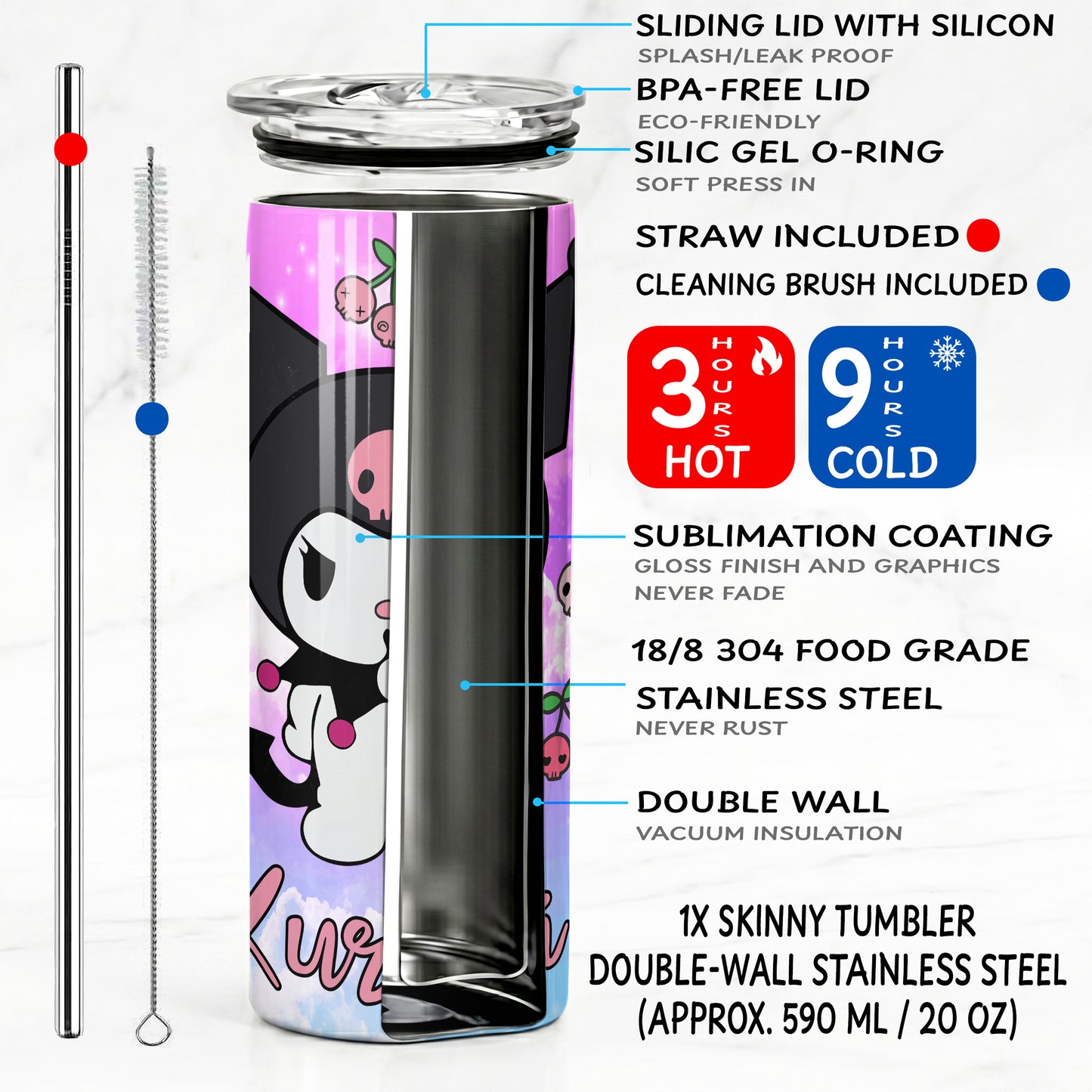 Kuromi Purple Clouds Skinny Tumbler - Custom Name (20oz) | Insulated Stainless Steel Travel Cup