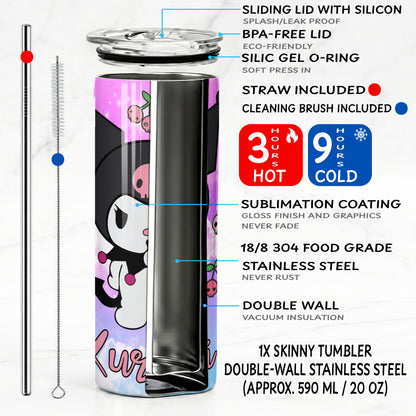 Kuromi Purple Clouds Skinny Tumbler - Custom Name (20oz) | Insulated Stainless Steel Travel Cup