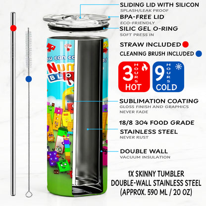 Numberblocks Counting Fun Skinny Tumbler - Custom Name (20oz) | Insulated Stainless Steel Travel Cup