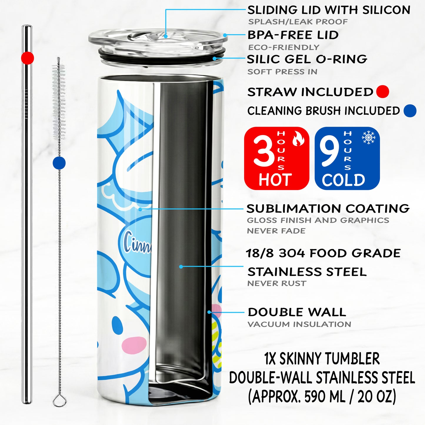 Cinnamoroll Blue Clouds Skinny Tumbler - Custom Name (20oz) | Insulated Stainless Steel Travel Cup