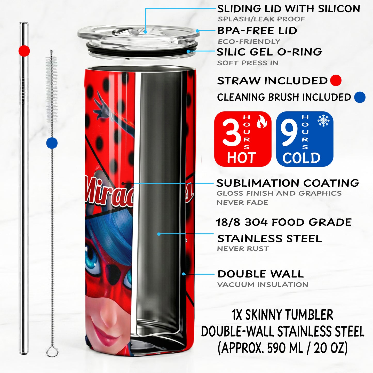 Miraculous Ladybug Hero Skinny Tumbler - Custom Name (20oz) | Insulated Stainless Steel Travel Cup