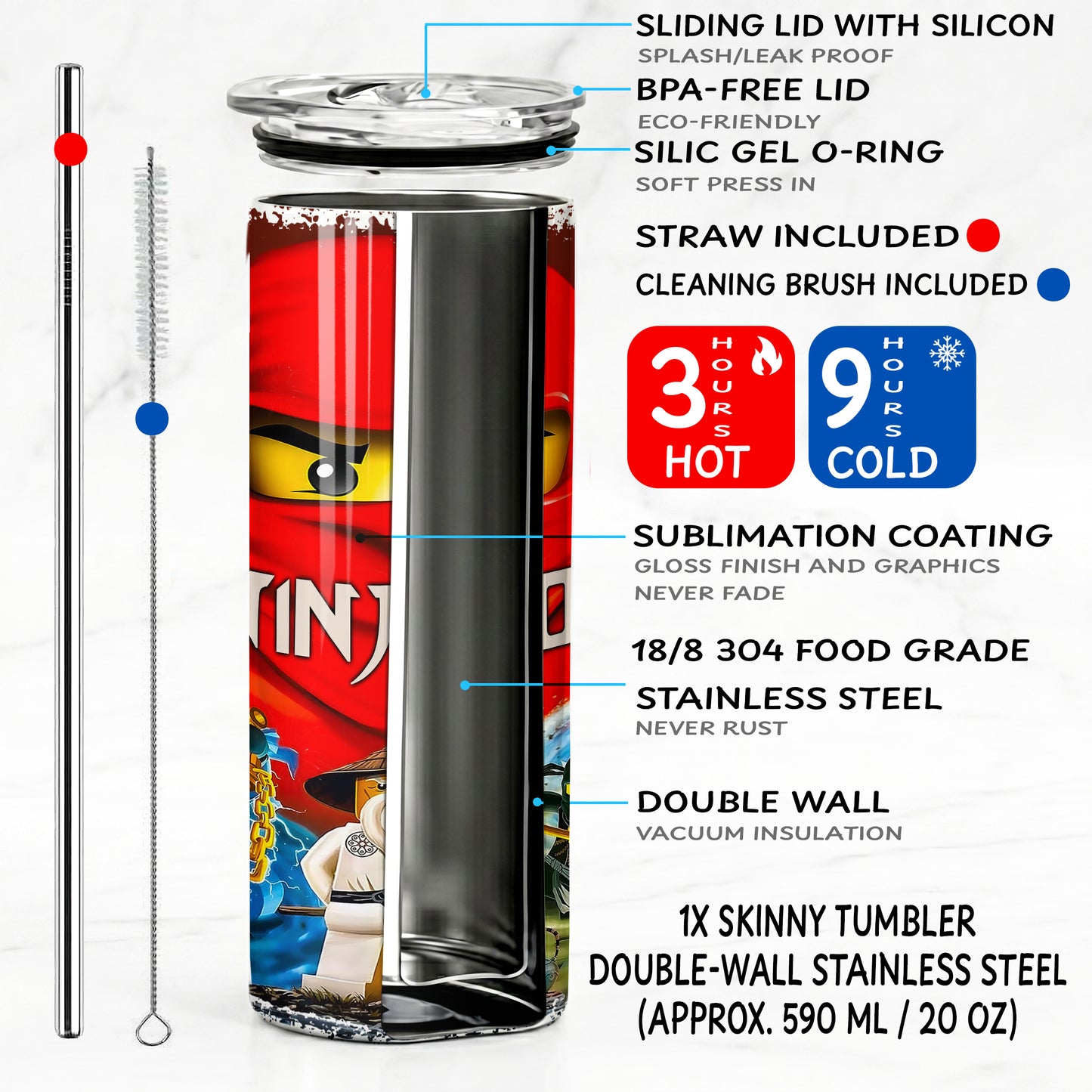 LEGO Ninjago Master Heroes Skinny Tumbler - Custom Name (20oz) | Insulated Stainless Steel Travel Cup