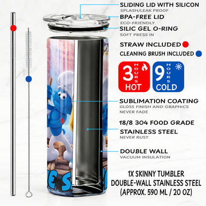 The Smurfs River Rafting Skinny Tumbler - Custom Name (20oz) | Insulated Stainless Steel Travel Cup