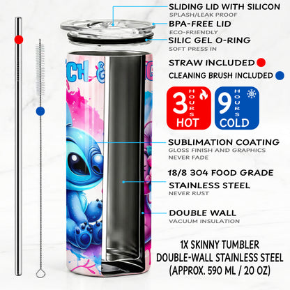 Stitch & Angel Watercolor Hearts Skinny Tumbler - Custom Name (20oz) | Insulated Stainless Steel Travel Cup