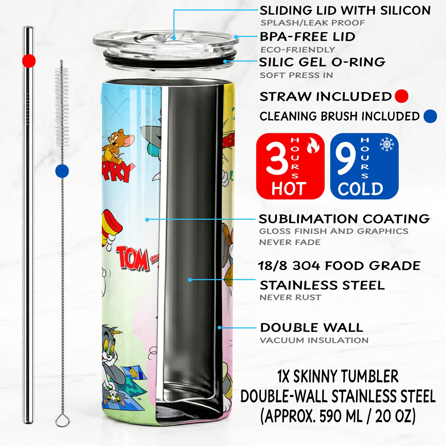 Tom & Jerry Classic Chase Skinny Tumbler - Custom Name (20oz) | Insulated Stainless Steel Travel Cup