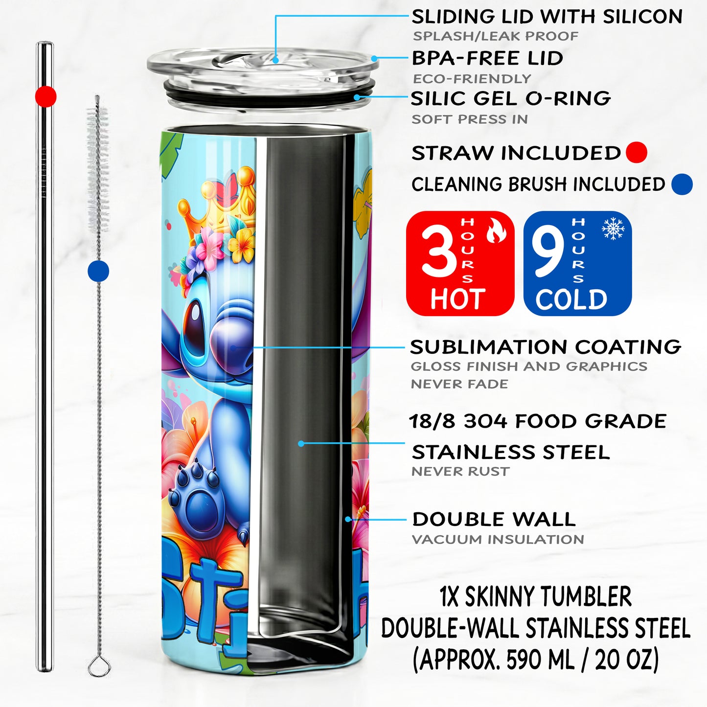 Stitch Tropical Flower Crown Skinny Tumbler - Custom Name (20oz) | Insulated Stainless Steel Travel Cup