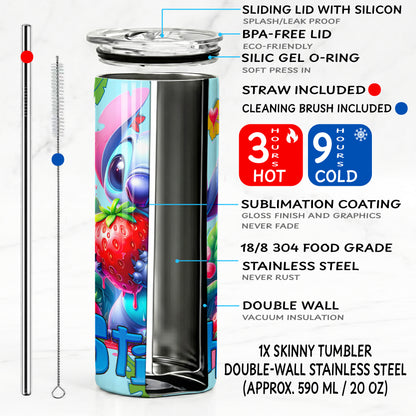 Stitch Giant Strawberry Skinny Tumbler - Custom Name (20oz) | Insulated Stainless Steel Travel Cup