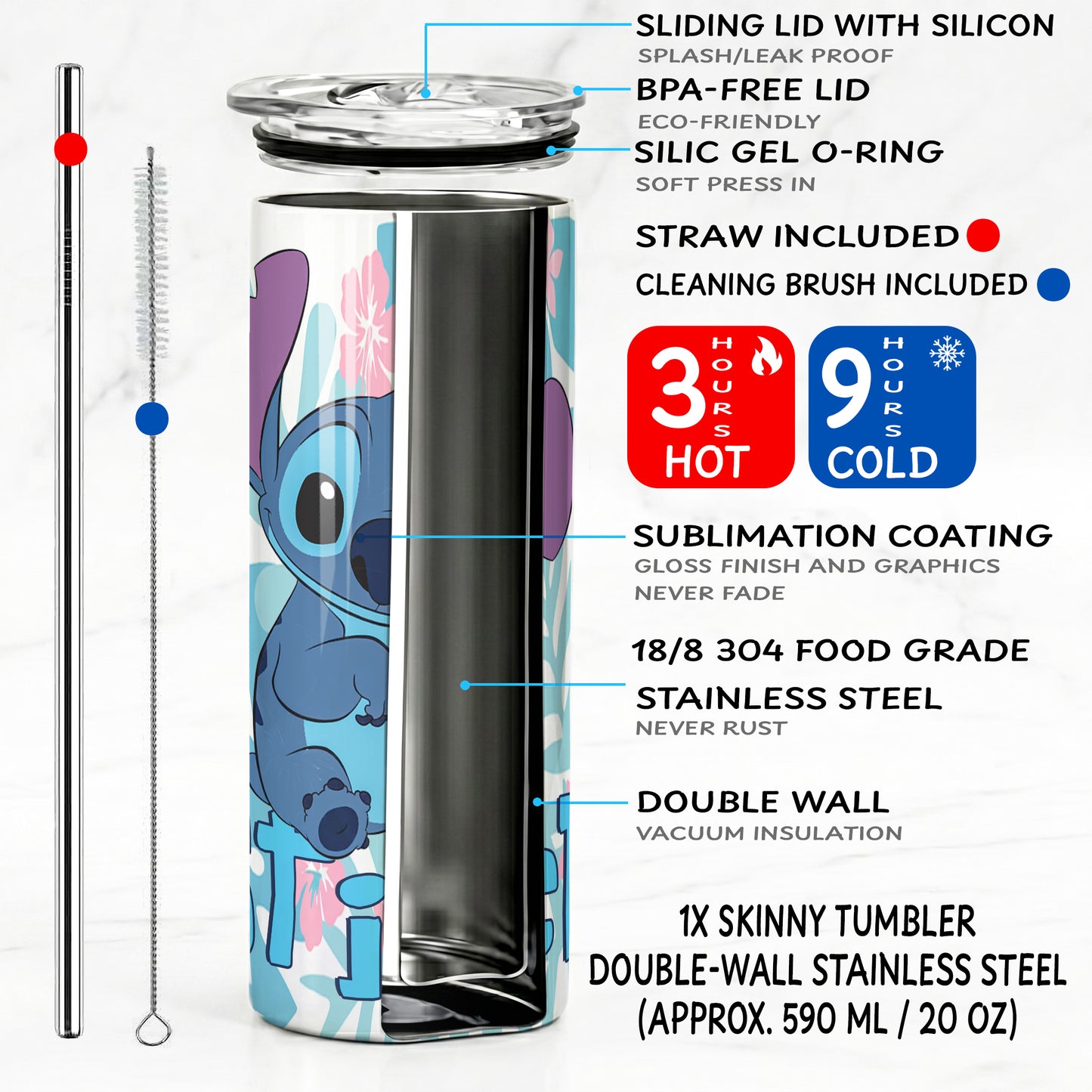 Stitch Tropical Leaves Skinny Tumbler - Custom Name (20oz) | Insulated Stainless Steel Travel Cup