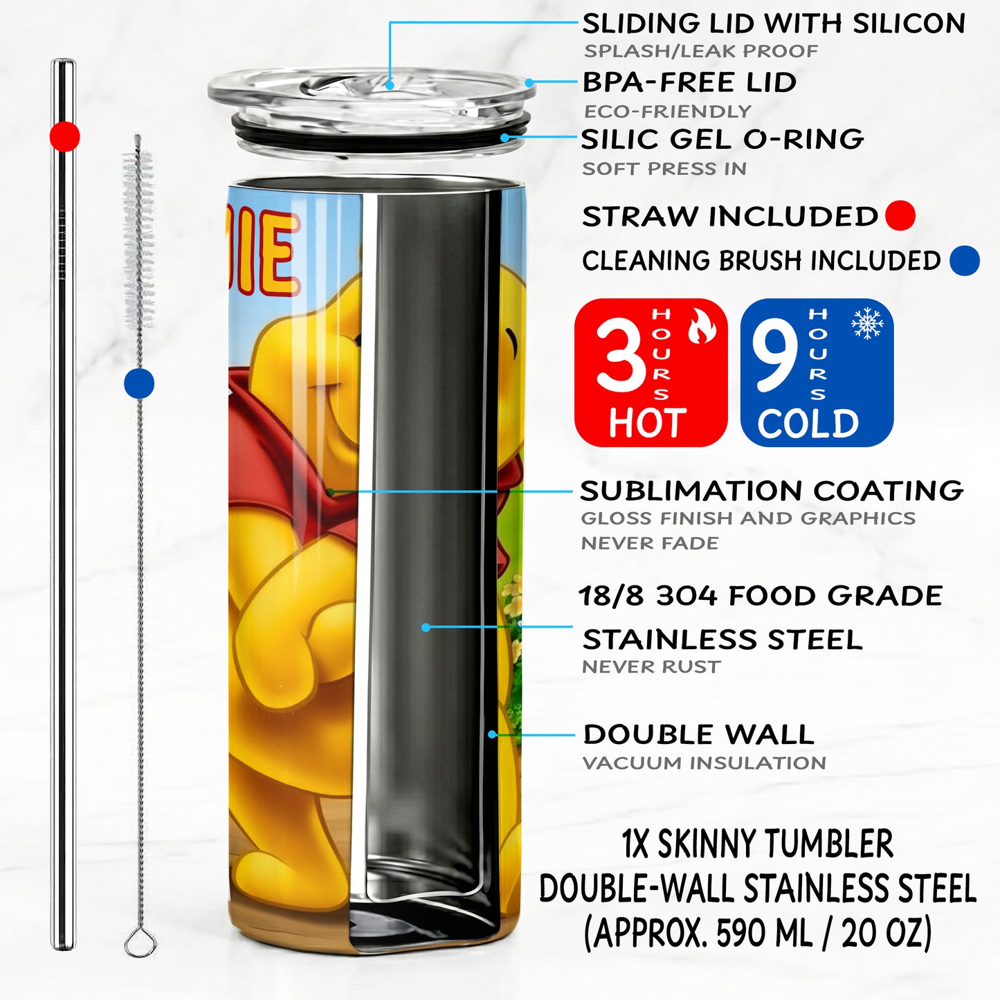 Winnie the Pooh Forest Path Skinny Tumbler - Custom Name (20oz) | Insulated Stainless Steel Travel Cup