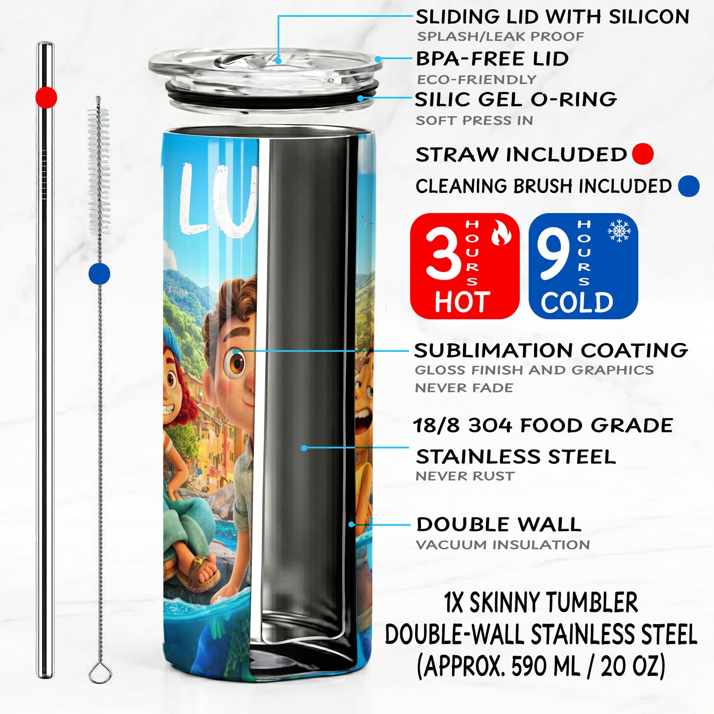 Luca Italian Riviera Sea Monster Skinny Tumbler - Custom Name (20oz) | Insulated Stainless Steel Travel Cup