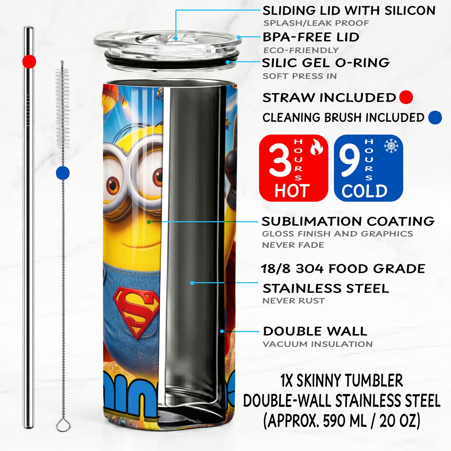 Minion Superhero City Skinny Tumbler - Custom Name (20oz) | Insulated Stainless Steel Travel Cup