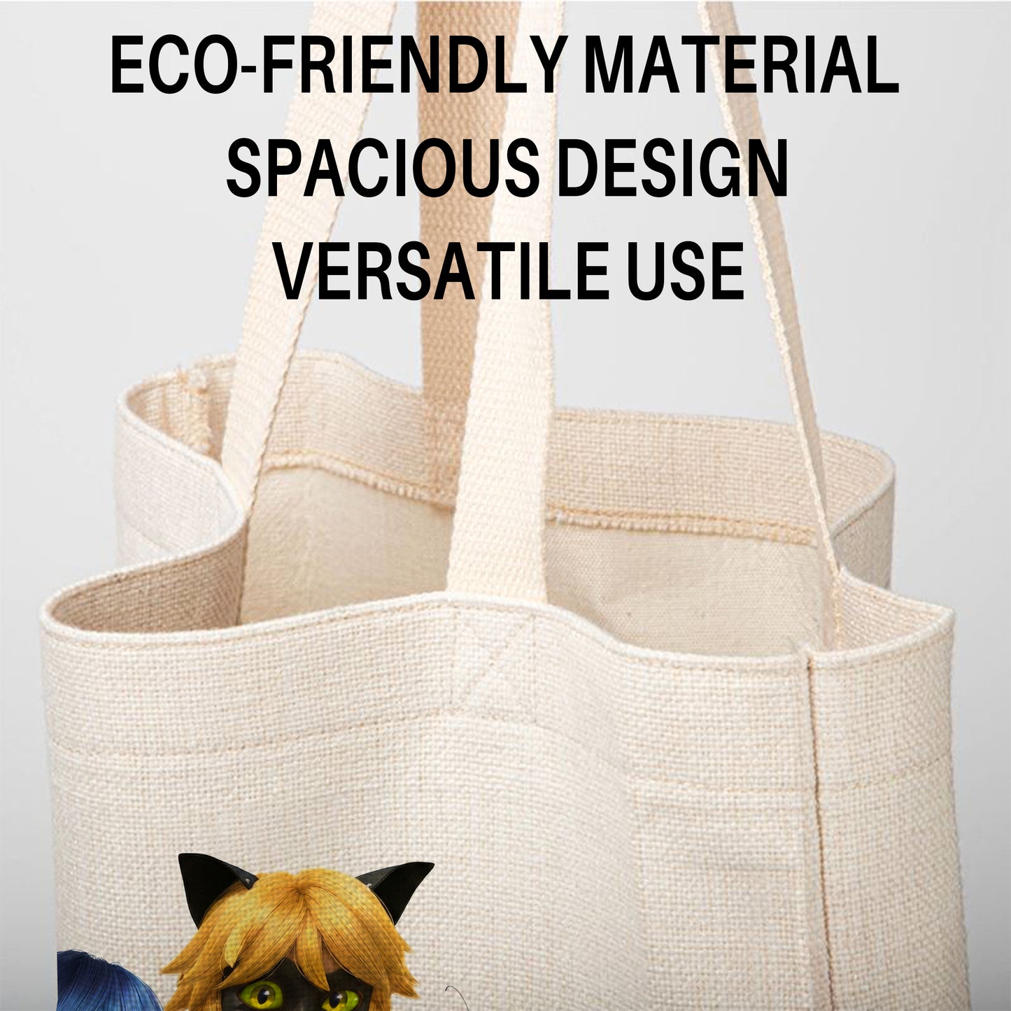 Miraculous Ladybug & Cat Noir Linen Tote Bag - Custom Name (35x45cm) | Eco-Friendly Lightweight Shopping & Everyday Carrier