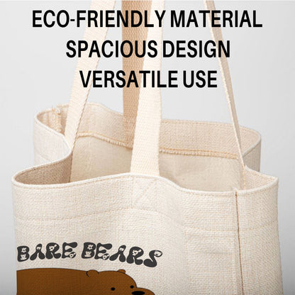 We Bare Bears Stack Linen Tote Bag - Custom Name (35x45cm) | Eco-Friendly Lightweight Shopping & Everyday Carrier