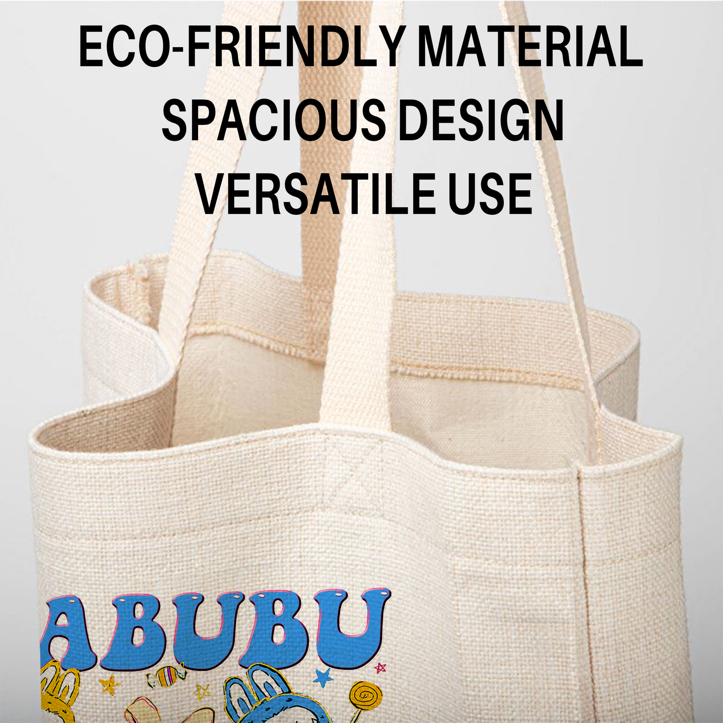 Labubu Blue Bows Linen Tote Bag - Custom Name (35x45cm) | Eco-Friendly Lightweight Shopping & Everyday Carrier