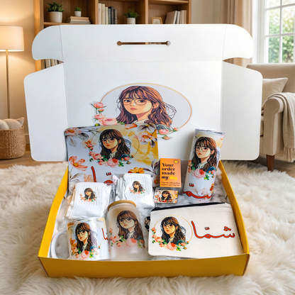 Floral Aesthetic Girl Portrait Box – Custom Name | Includes Drinkware, Pouch, Mouse Pad & More